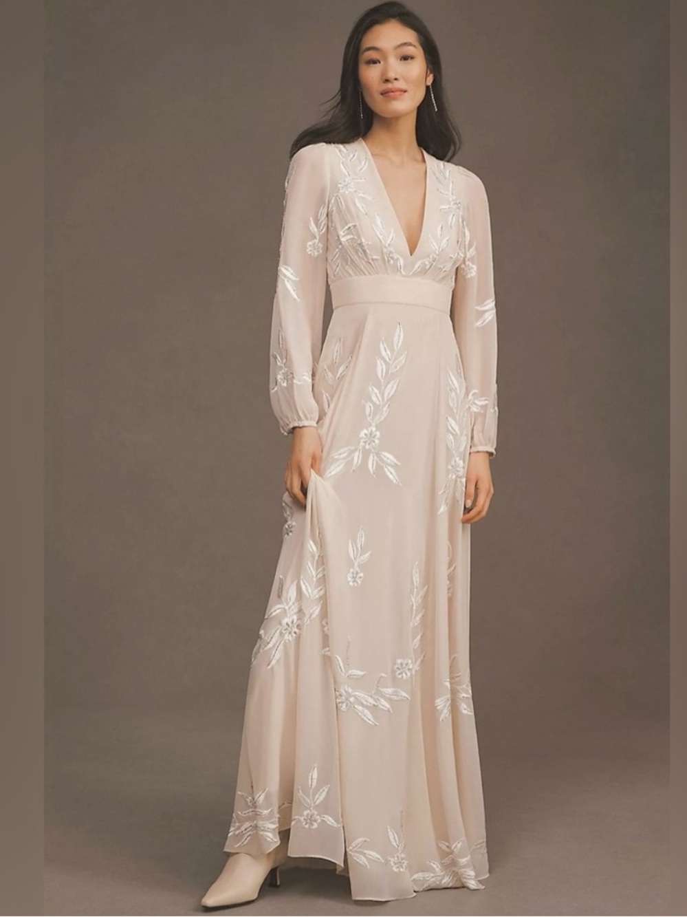 BHLDN Anthropologie Belize Embroidered A-Line Long Sleeve Gown NEW 6 Champagne